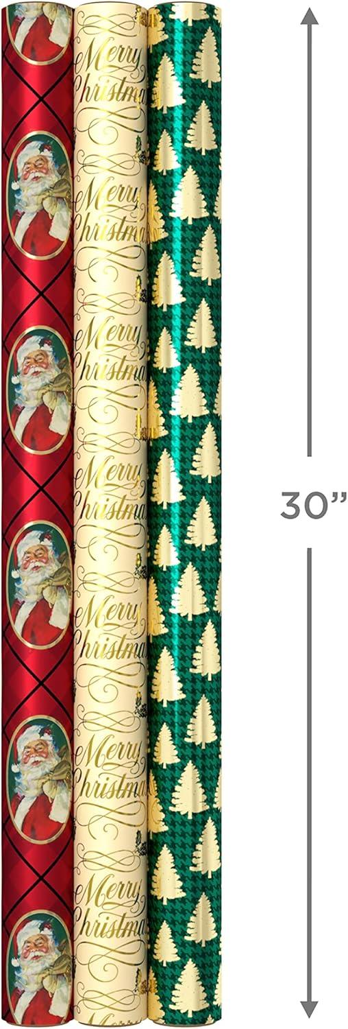 imageHallmark Foil Wrapping Paper with Cut Lines on Reverse 3 Rolls 60 Sq Ft Ttl Rose Gold Silver Trees Gold Snowflakes for Winter Weddings Graduations Valentines DayRed Green Gold