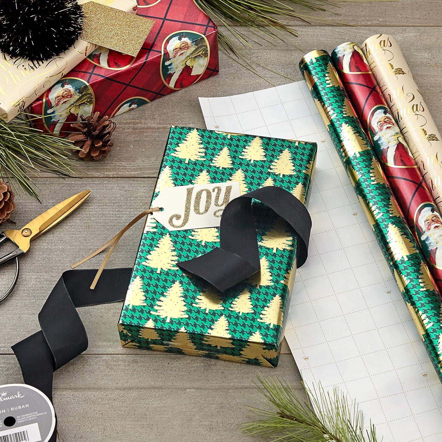 imageHallmark Foil Wrapping Paper with Cut Lines on Reverse 3 Rolls 60 Sq Ft Ttl Rose Gold Silver Trees Gold Snowflakes for Winter Weddings Graduations Valentines DayRed Green Gold