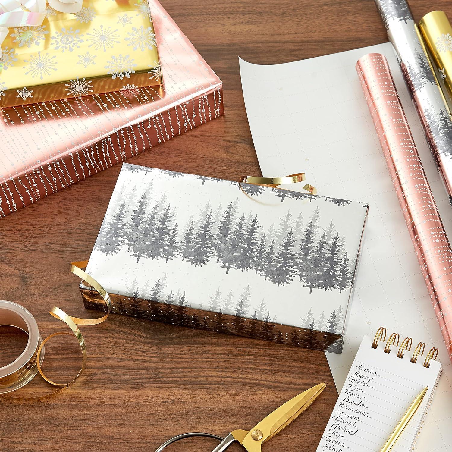 imageHallmark Foil Wrapping Paper with Cut Lines on Reverse 3 Rolls 60 Sq Ft Ttl Rose Gold Silver Trees Gold Snowflakes for Winter Weddings Graduations Valentines DayRose Gold Silver Gold