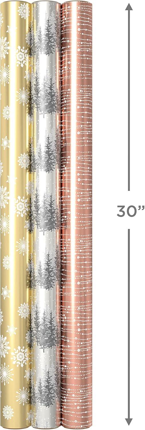 imageHallmark Foil Wrapping Paper with Cut Lines on Reverse 3 Rolls 60 Sq Ft Ttl Rose Gold Silver Trees Gold Snowflakes for Winter Weddings Graduations Valentines DayRose Gold Silver Gold