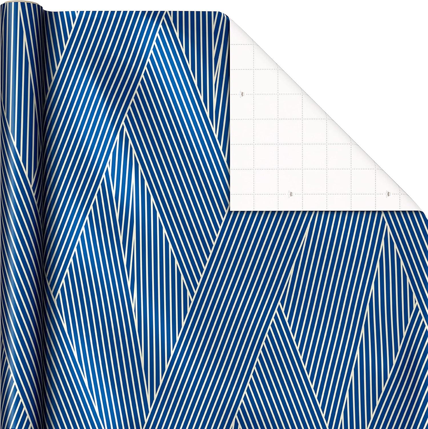 imageHallmark Holographic Holiday Wrapping Paper with Cut Lines on Reverse 3 Rolls 80 sq ft ttl Winter Glow Navy Blue Gold Holographic Snowflakes