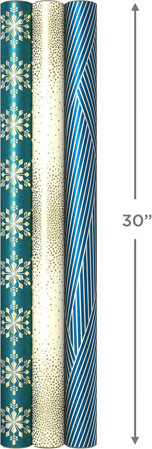 imageHallmark Holographic Holiday Wrapping Paper with Cut Lines on Reverse 3 Rolls 80 sq ft ttl Winter Glow Navy Blue Gold Holographic Snowflakes