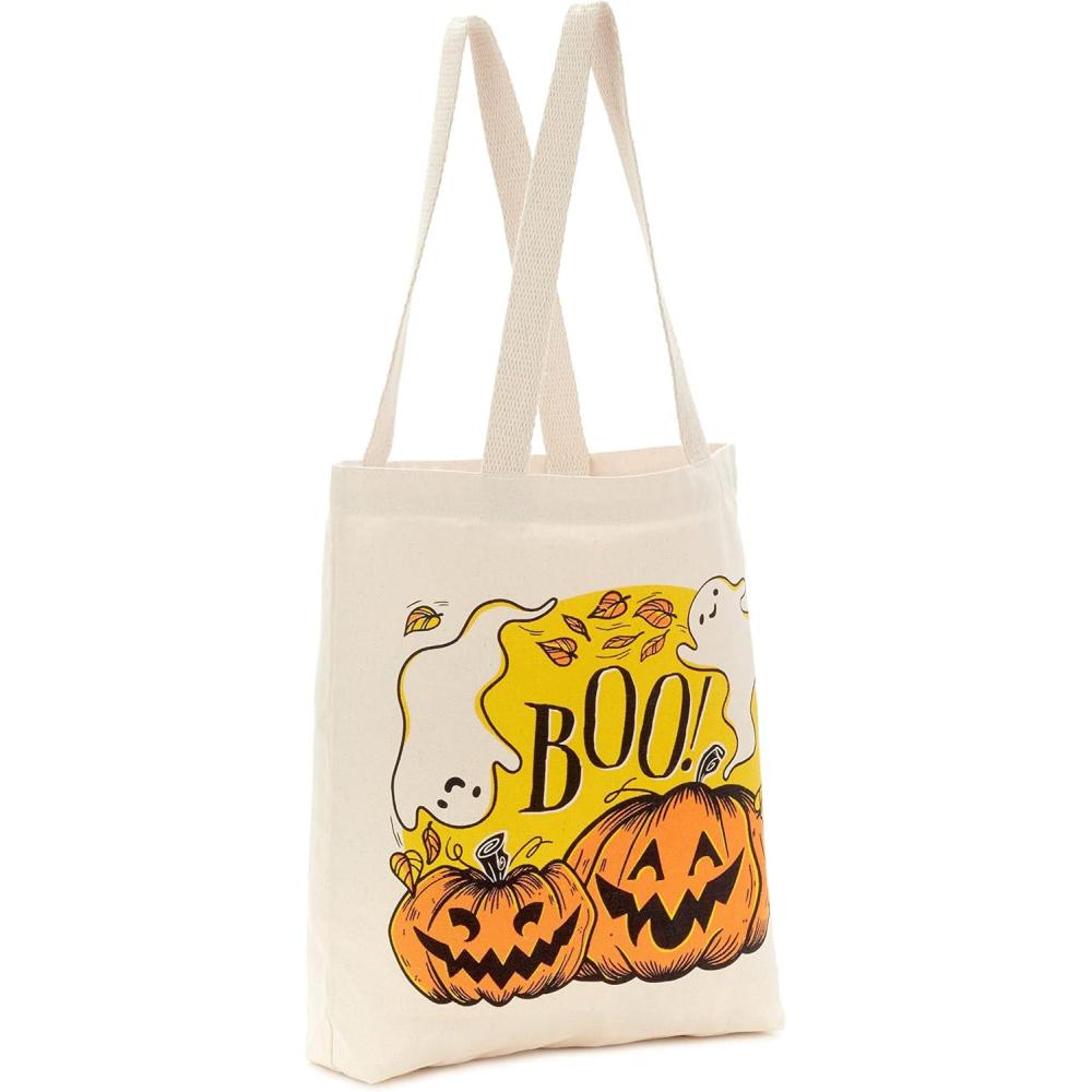 imageHallmark 13quot Large Halloween Tote Bag Haunted House Reusable Canvas Bag for Trick or Treating Grocery Shopping and MorePumpkins and Ghosts