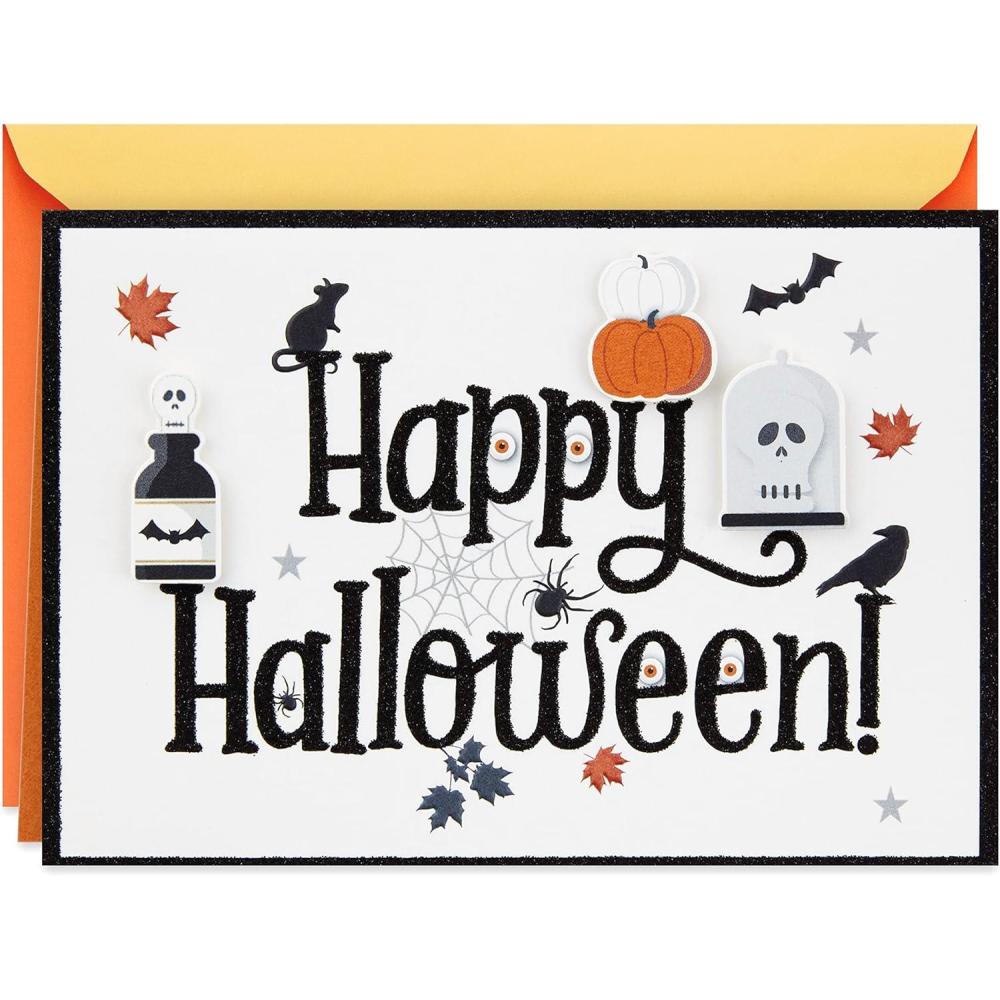 imageHallmark Black and White Happy Halloween Card Spell of Fun Skull Pumpkins Bats Spider Webs Leaves