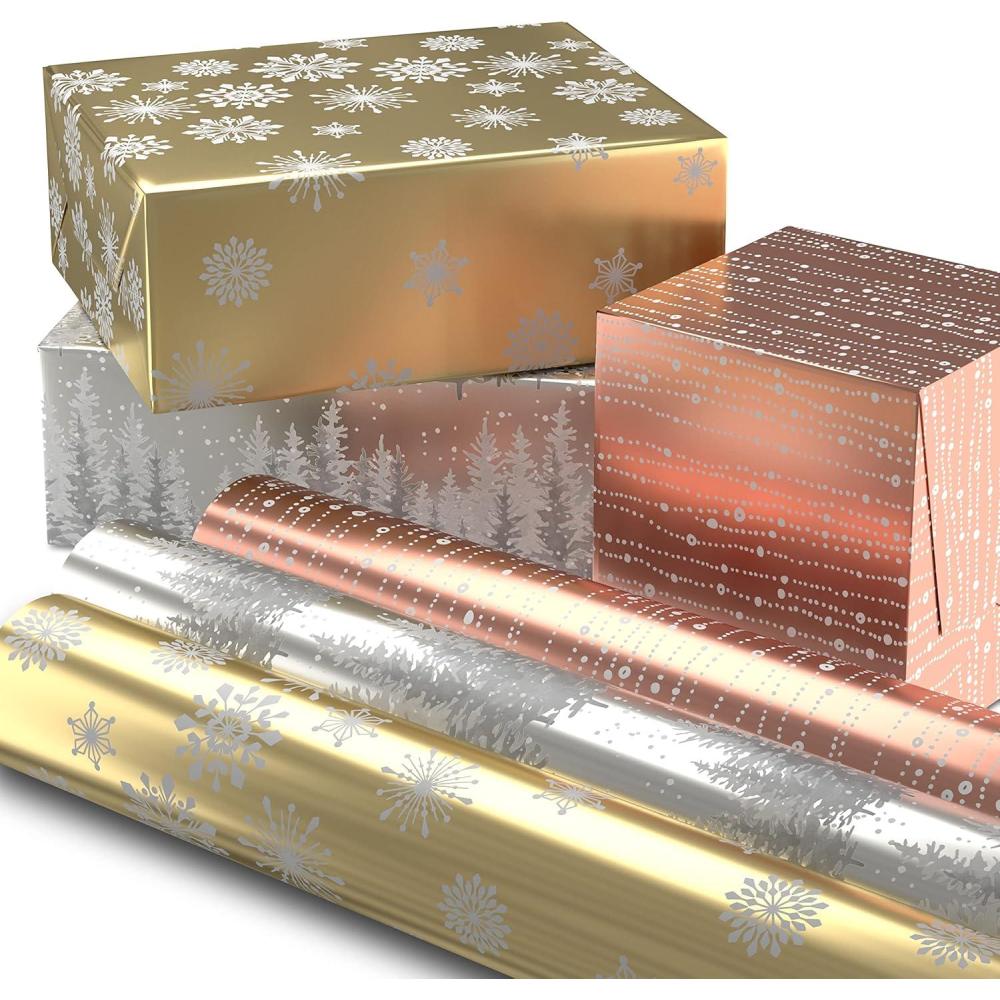 imageHallmark Foil Wrapping Paper with Cut Lines on Reverse 3 Rolls 60 Sq Ft Ttl Rose Gold Silver Trees Gold Snowflakes for Winter Weddings Graduations Valentines DayRose Gold Silver Gold