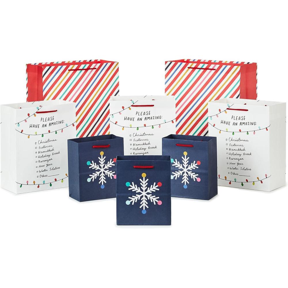 imageHallmark Good Mail Holiday Gift Bag Assortment 8 Bags 3 Small 6quot 3 Medium 9quot 2 Large 13quot Snowflake Rainbow Stripes Holiday Checklist for Christmas Festivus Hanukkah Kwanzaa Winter Solstice