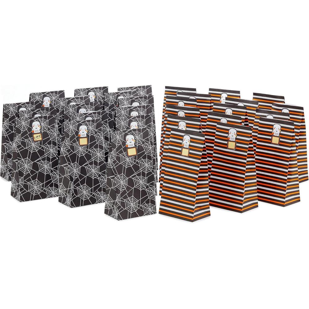 imageHallmark Halloween Boo Bags with Sticker Tags 30 Gift Bags with Gift Tag Stickers Spiderwebs Black and Orange Stripes Ghosts Paper Treat Sacks for Kids Coworkers Teachers Classmates NeighborsTreat Sacks  30 Pack