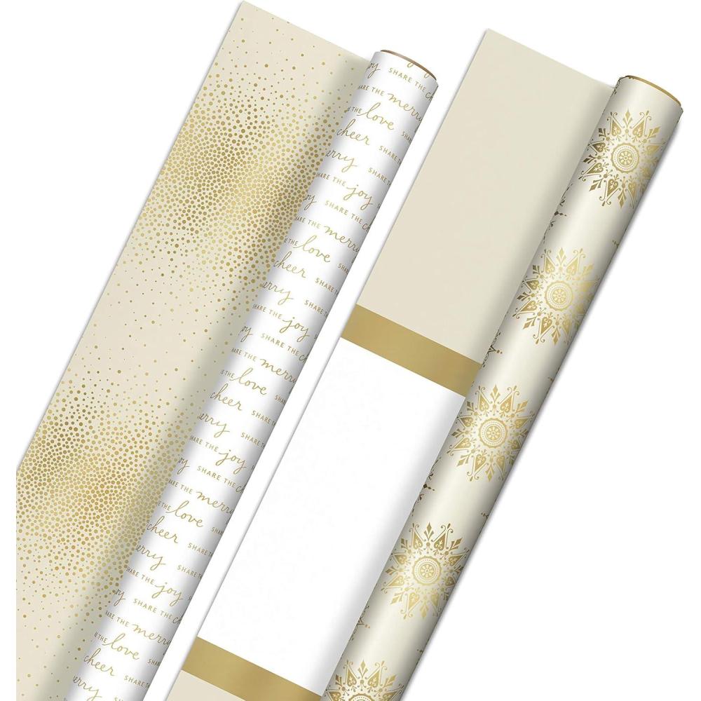 imageHallmark Reversible White and Gold Wrapping Paper Bulk 2 Jumbo Rolls 160 sq ft ttl Share the Joy Cheer Merry Love Stripes Dots Snowflakes for Christmas Hanukkah Weddings Graduations