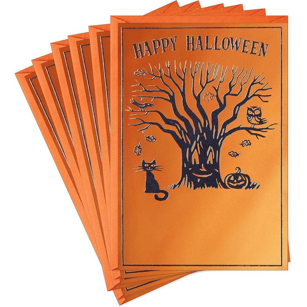 imageHallmark Vintage Halloween Cards 8 Cards with Envelopes Cute Witch with Black Cat and JackoLanternHalloween Tree