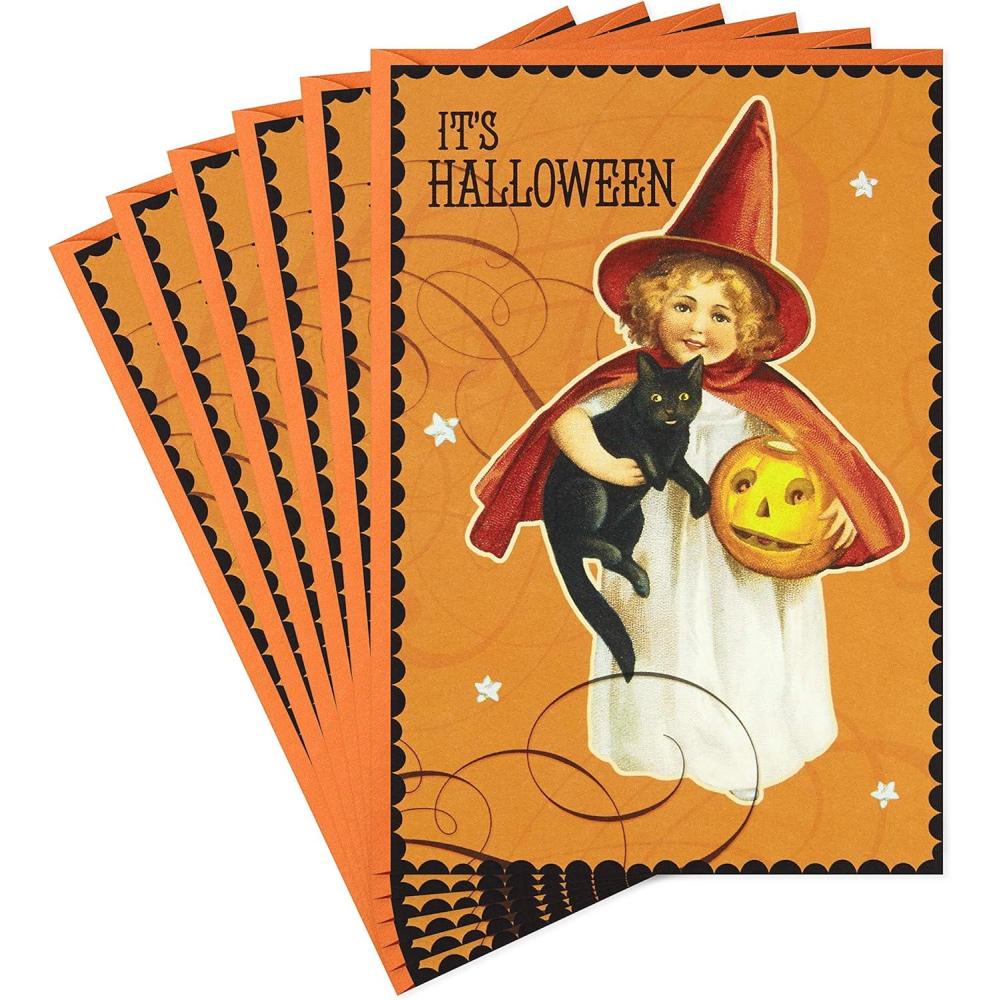 imageHallmark Vintage Halloween Cards 8 Cards with Envelopes Cute Witch with Black Cat and JackoLanternOriginal Vintage Witch