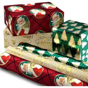 Hallmark Foil Wrapping Paper with Cut Lines on Reverse (3 Rolls: 60 Sq. Ft. Ttl) Rose Gold, Silver Trees, Gold Snowflakes for Winter Weddings, Graduations, Valentine’s Day(Red  Green  Gold)