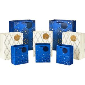 Hallmark Holiday Gift Bags Assorted Sizes (8 Bags: 3 Small 6″, 3 Medium 9″, 2 Large 13″) Navy Blue and Gold Dots, Diamonds and Starry Snowflakes for Christmas, Hanukkah, Weddings, Graduations and More, Navy and Gold, Hanukkah (0005XGB1405)