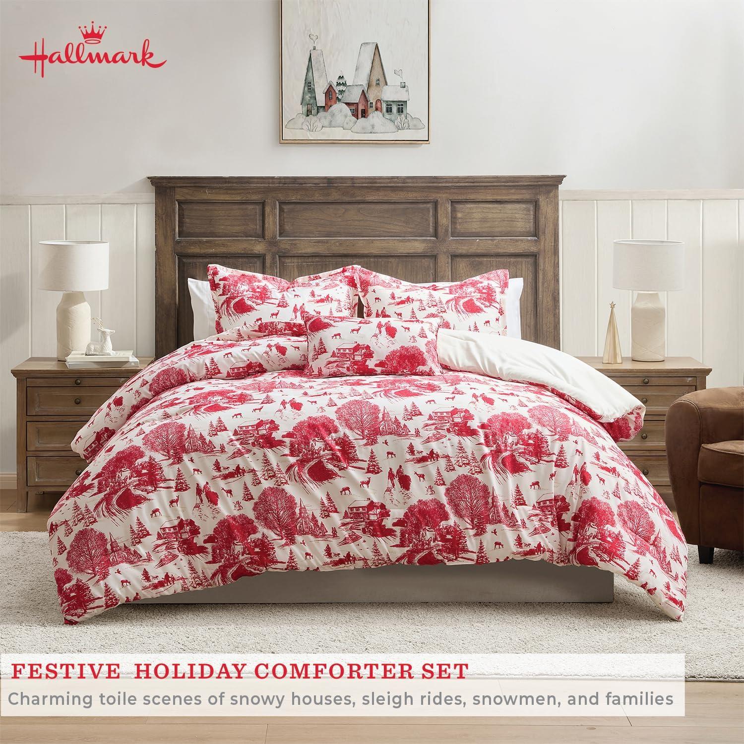 imageHallmark FullQueen Comforter Set 4Piece Soft Holiday Bedding Set with Pillowcases and Decorative Pillow Medium Weight Bedding for YearRound Use Fade ampamp Wrinkle Resistant Cozy Christmas RedCozy Christmas Red