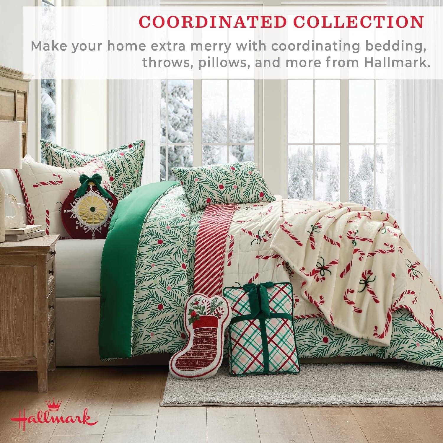 imageHallmark FullQueen Comforter Set 4Piece Soft Holiday Bedding Set with Pillowcases and Decorative Pillow Medium Weight Bedding for YearRound Use Fade ampamp Wrinkle Resistant Cozy Christmas RedJoy to Your World Green