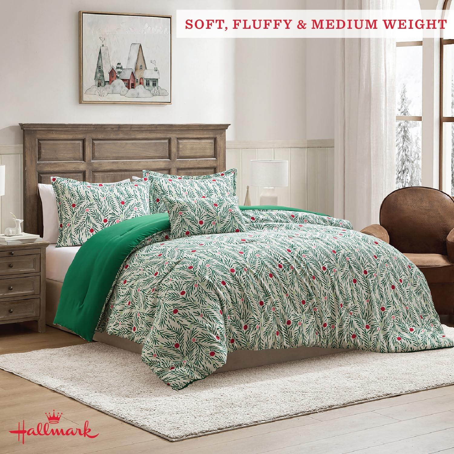 imageHallmark FullQueen Comforter Set 4Piece Soft Holiday Bedding Set with Pillowcases and Decorative Pillow Medium Weight Bedding for YearRound Use Fade ampamp Wrinkle Resistant Cozy Christmas RedJoy to Your World Green