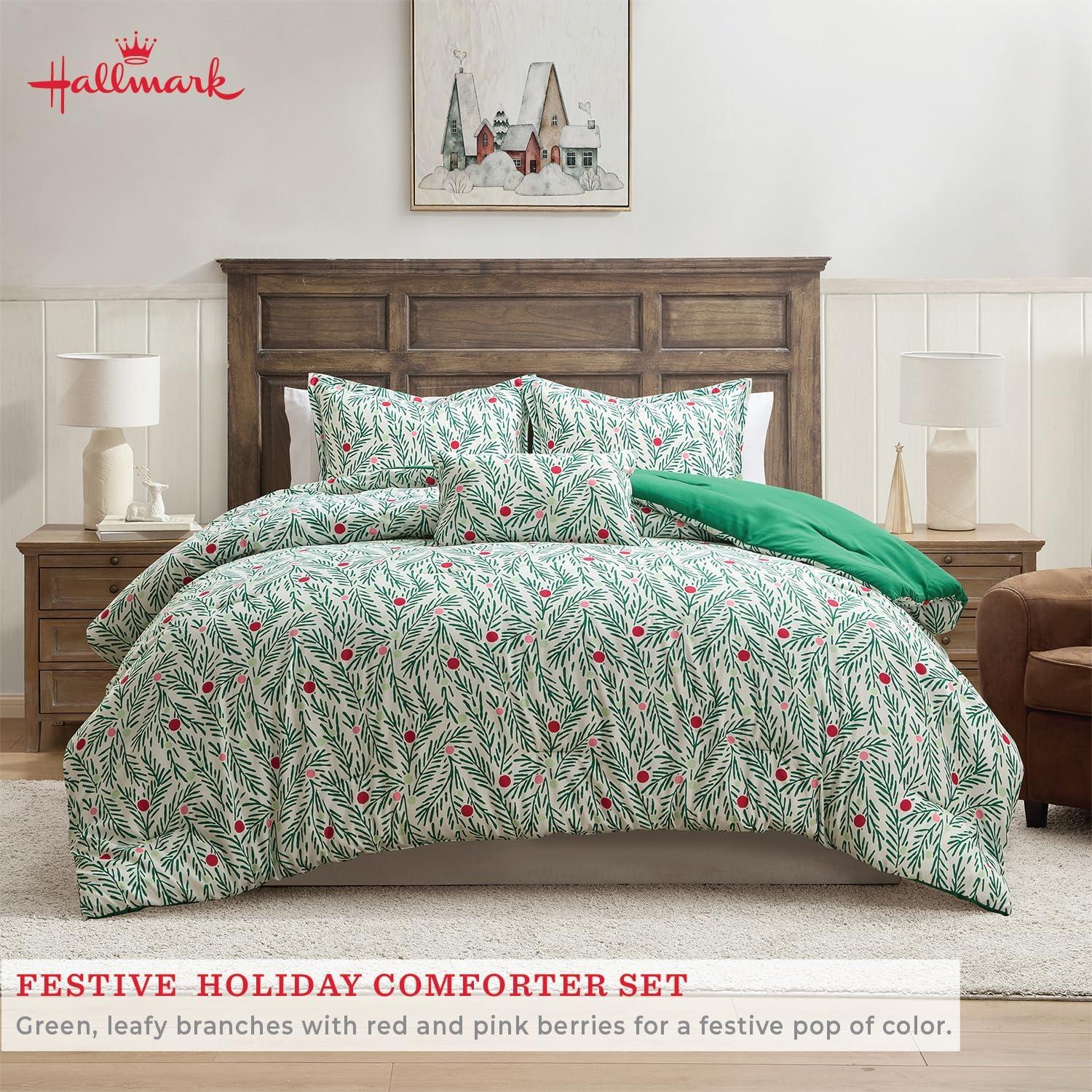 imageHallmark FullQueen Comforter Set 4Piece Soft Holiday Bedding Set with Pillowcases and Decorative Pillow Medium Weight Bedding for YearRound Use Fade ampamp Wrinkle Resistant Cozy Christmas RedJoy to Your World Green