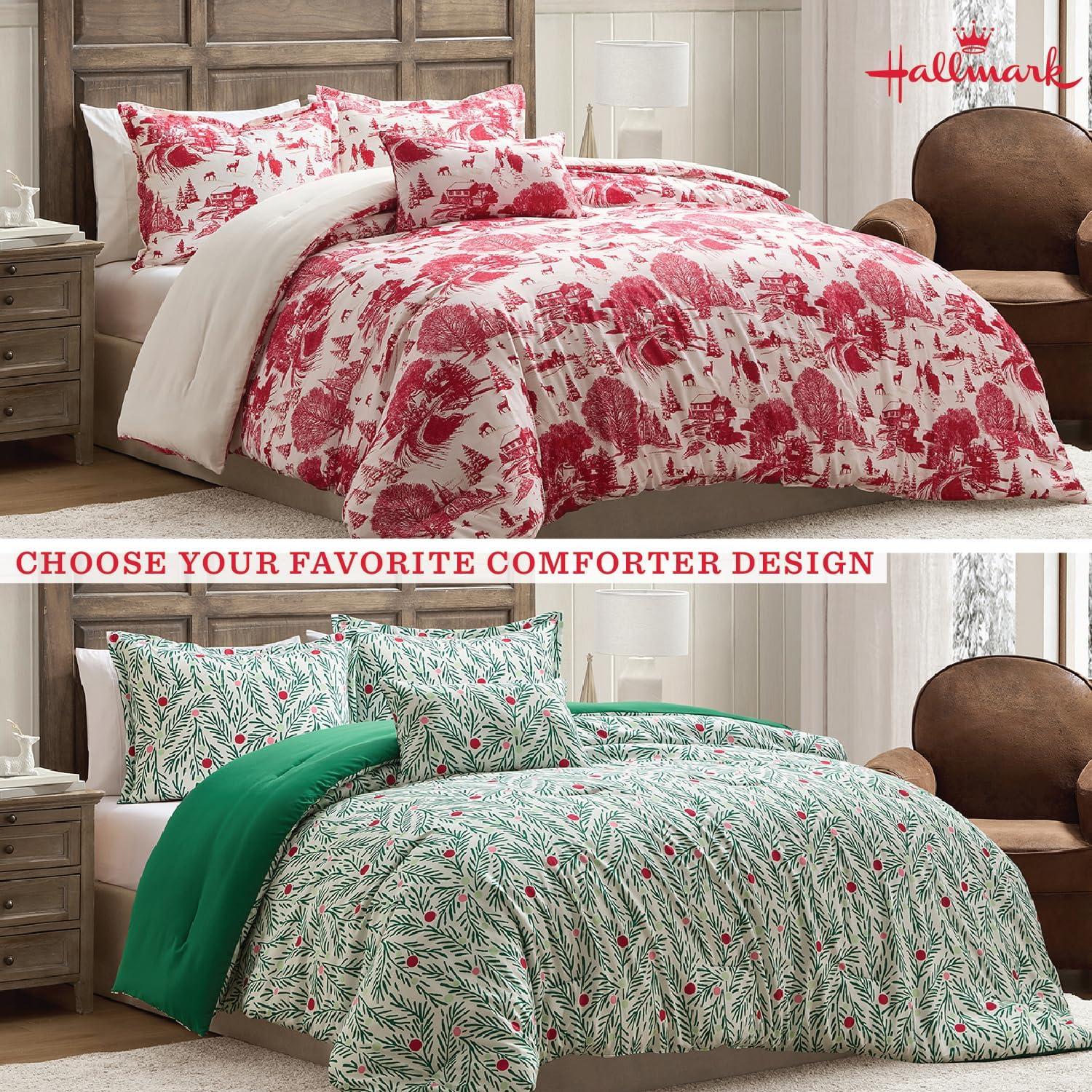 imageHallmark FullQueen Comforter Set 4Piece Soft Holiday Bedding Set with Pillowcases and Decorative Pillow Medium Weight Bedding for YearRound Use Fade ampamp Wrinkle Resistant Cozy Christmas RedJoy to Your World Green