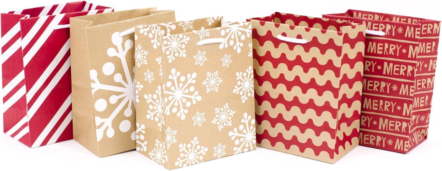 imageHallmark 6quot Small Holiday Gift Bag Set Pack of 5 Red White and Kraft Snowflakes Stripes Merry 5XGB1798Small