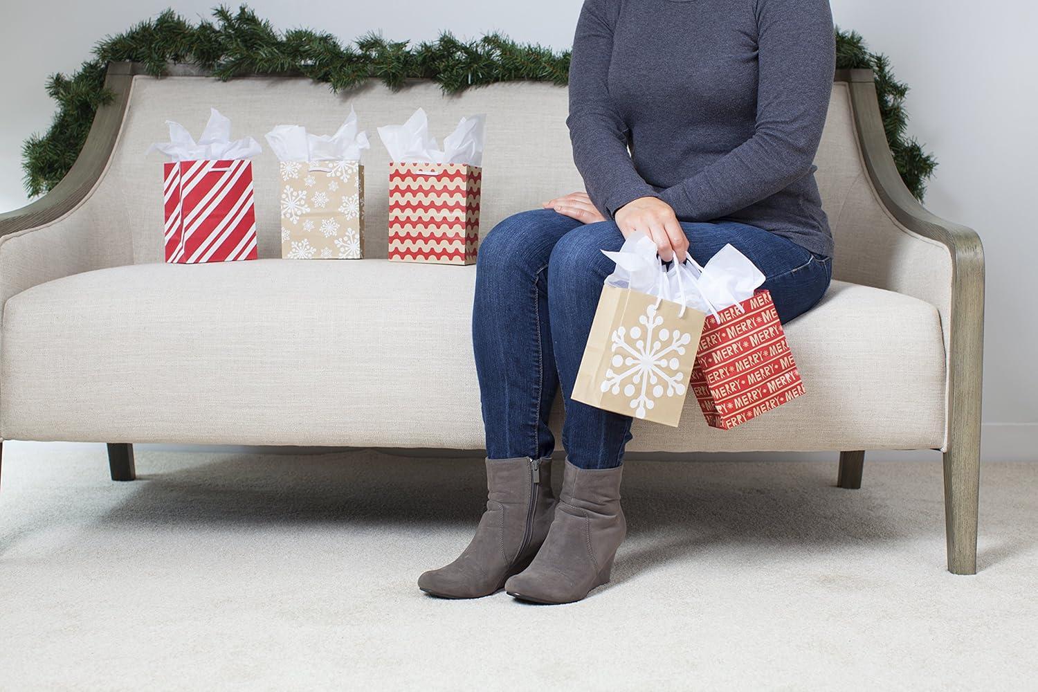 imageHallmark 6quot Small Holiday Gift Bag Set Pack of 5 Red White and Kraft Snowflakes Stripes Merry 5XGB1798Small