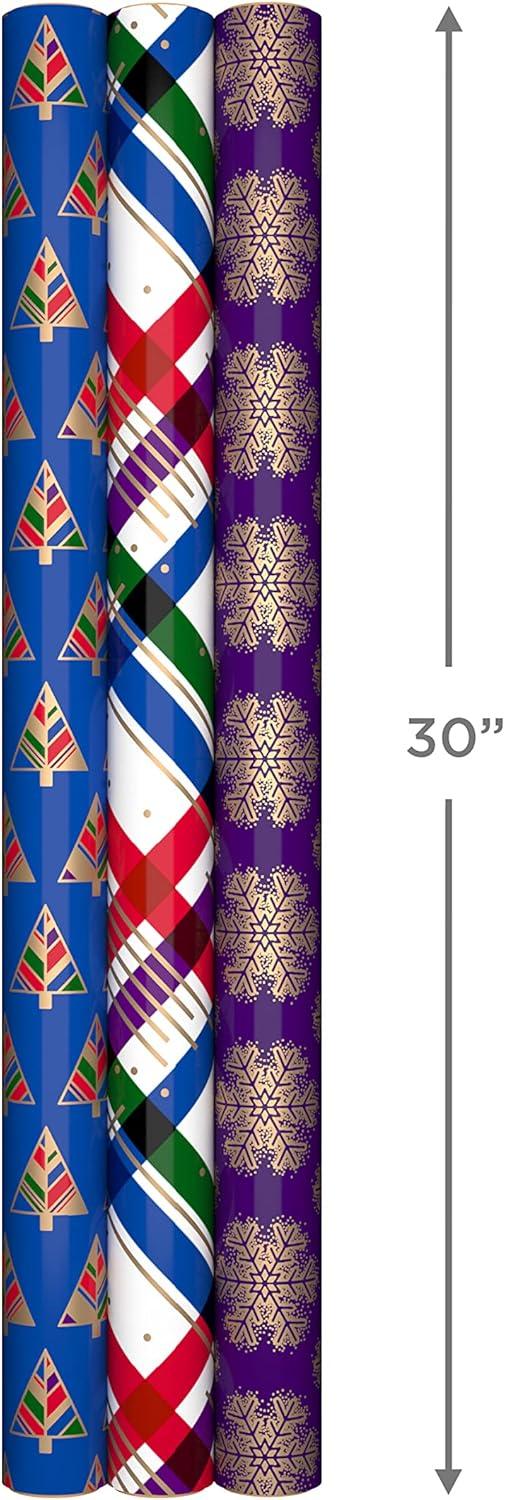 imageHallmark Christmas Wrapping Paper with Cutlines on Reverse 3 Rolls 120 Sq Ft Total Winter City Scene Rustic Snowflakes on Red Nutcrackers with FoliageGold Snowflakes on Purple JewelTone Trees Plaid Stripes