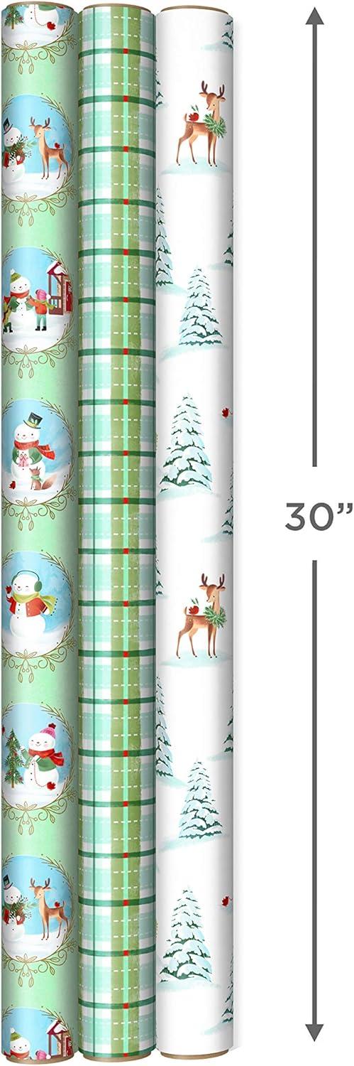 imageHallmark Christmas Wrapping Paper with Cutlines on Reverse 3 Rolls 120 Sq Ft Total Winter City Scene Rustic Snowflakes on Red Nutcrackers with FoliageStorybook Critters Snowmen Green and Blue Plaid