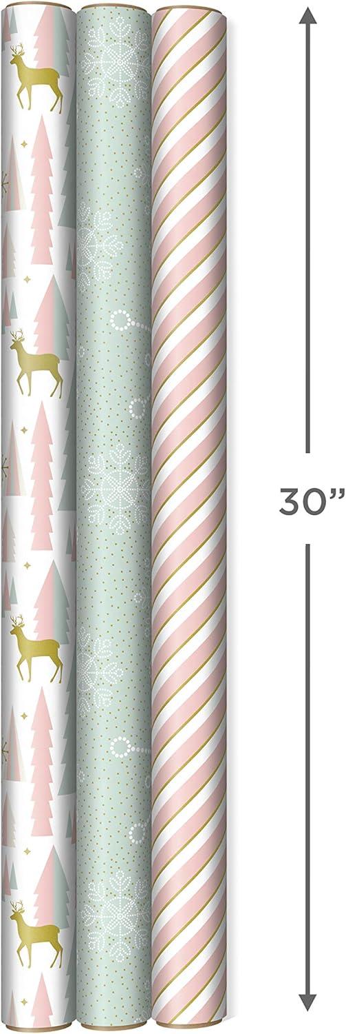 imageHallmark Christmas Wrapping Paper with Cutlines on Reverse 3 Rolls 120 Sq Ft Total Winter City Scene Rustic Snowflakes on Red Nutcrackers with FoliagePink Mint Gold Reindeer Christmas Trees Snowflakes