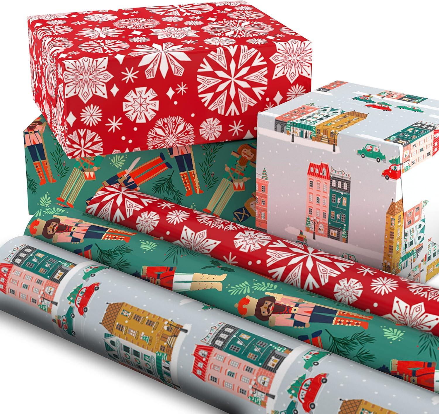imageHallmark Christmas Wrapping Paper with Cutlines on Reverse 3 Rolls 120 Sq Ft Total Winter City Scene Rustic Snowflakes on Red Nutcrackers with FoliageWinter City Scene Rustic Snowflakes on Red Nutcrackers with Foliage