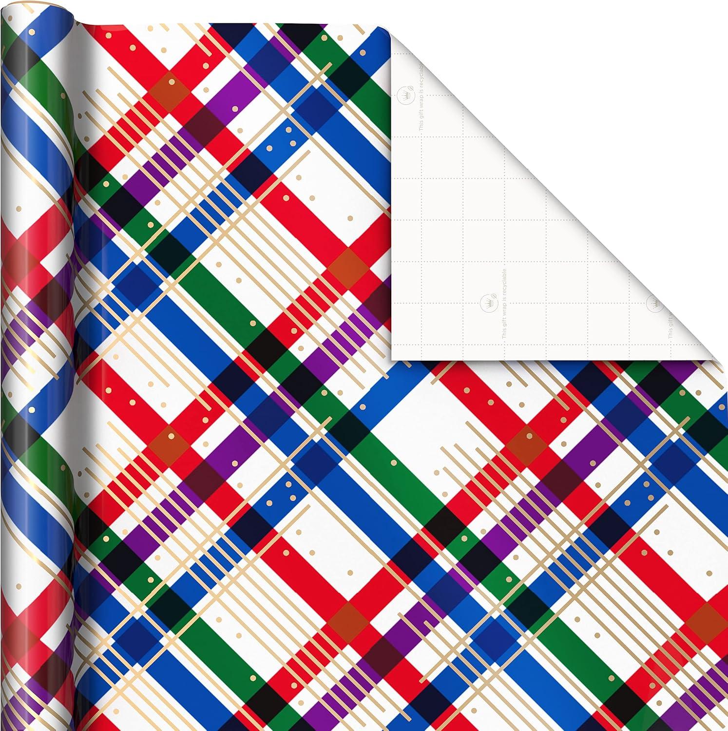 imageHallmark Christmas Wrapping Paper with Cutlines on Reverse 3 Rolls 120 Sq Ft Total Winter City Scene Rustic Snowflakes on Red Nutcrackers with FoliageGold Snowflakes on Purple JewelTone Trees Plaid Stripes