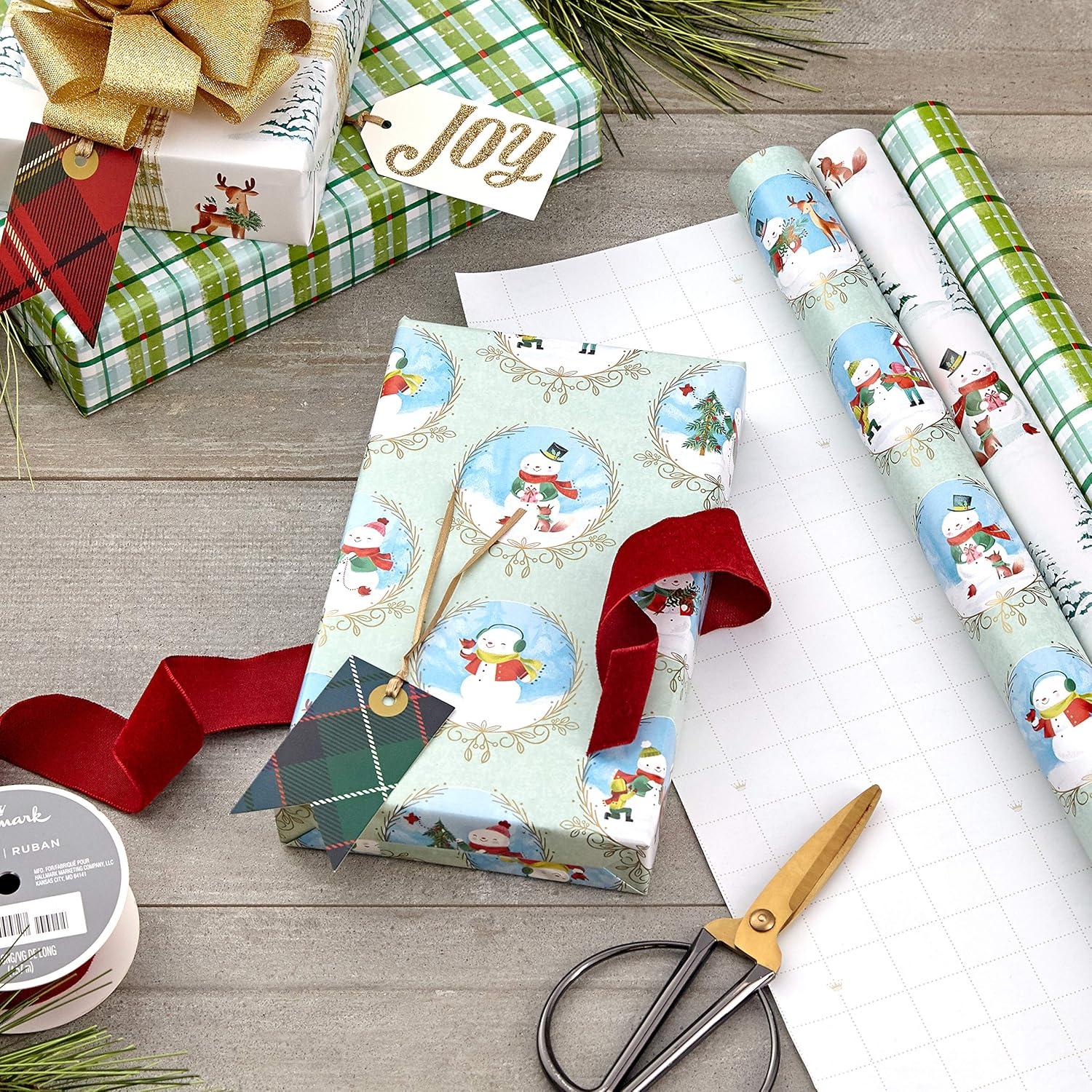 imageHallmark Christmas Wrapping Paper with Cutlines on Reverse 3 Rolls 120 Sq Ft Total Winter City Scene Rustic Snowflakes on Red Nutcrackers with FoliageStorybook Critters Snowmen Green and Blue Plaid