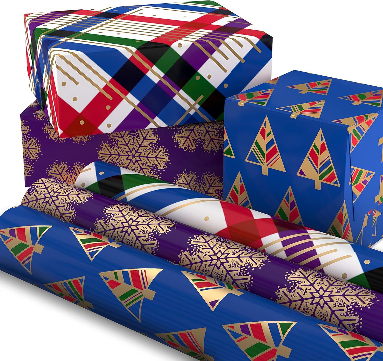 imageHallmark Christmas Wrapping Paper with Cutlines on Reverse 3 Rolls 120 Sq Ft Total Winter City Scene Rustic Snowflakes on Red Nutcrackers with FoliageGold Snowflakes on Purple JewelTone Trees Plaid Stripes