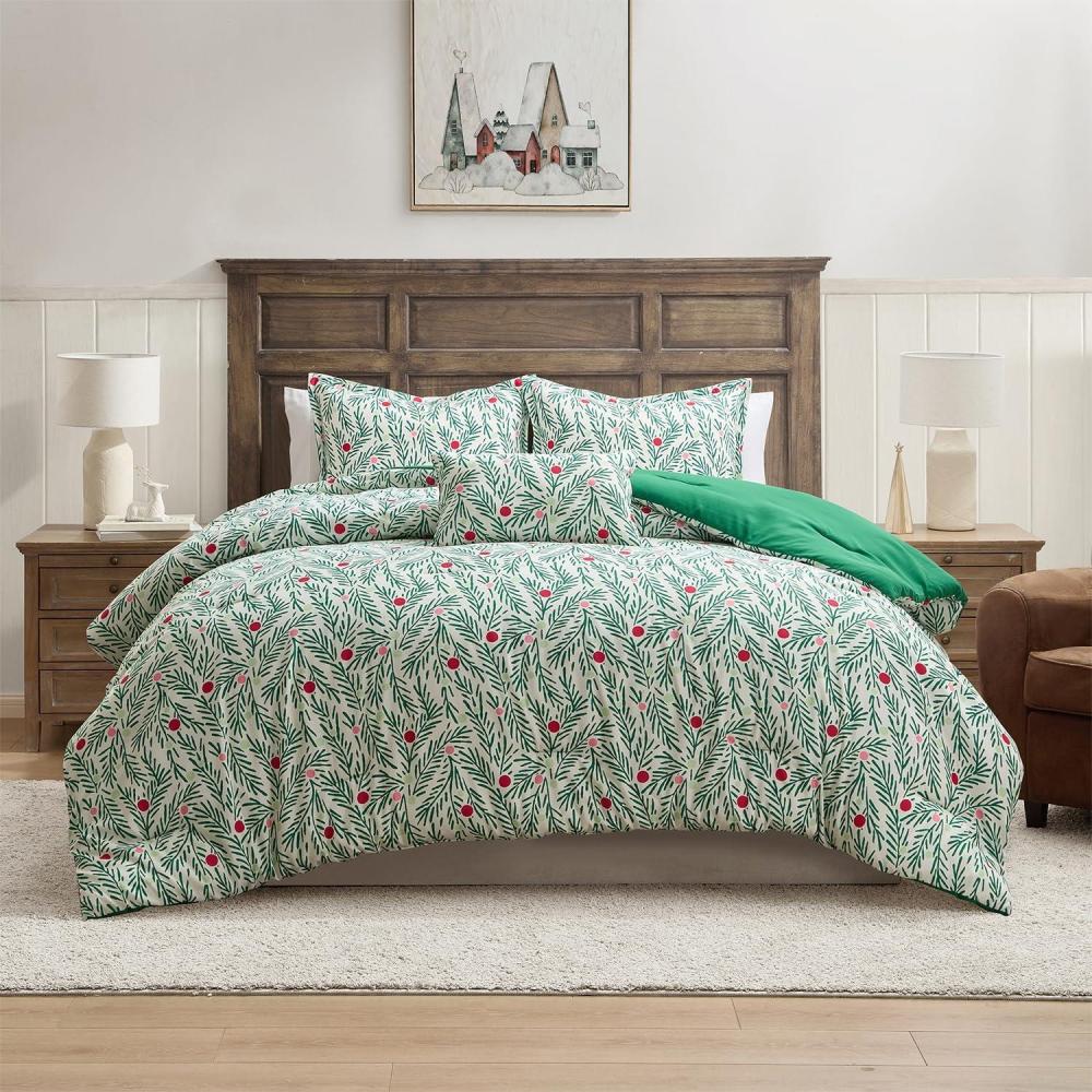 imageHallmark FullQueen Comforter Set 4Piece Soft Holiday Bedding Set with Pillowcases and Decorative Pillow Medium Weight Bedding for YearRound Use Fade ampamp Wrinkle Resistant Cozy Christmas RedJoy to Your World Green