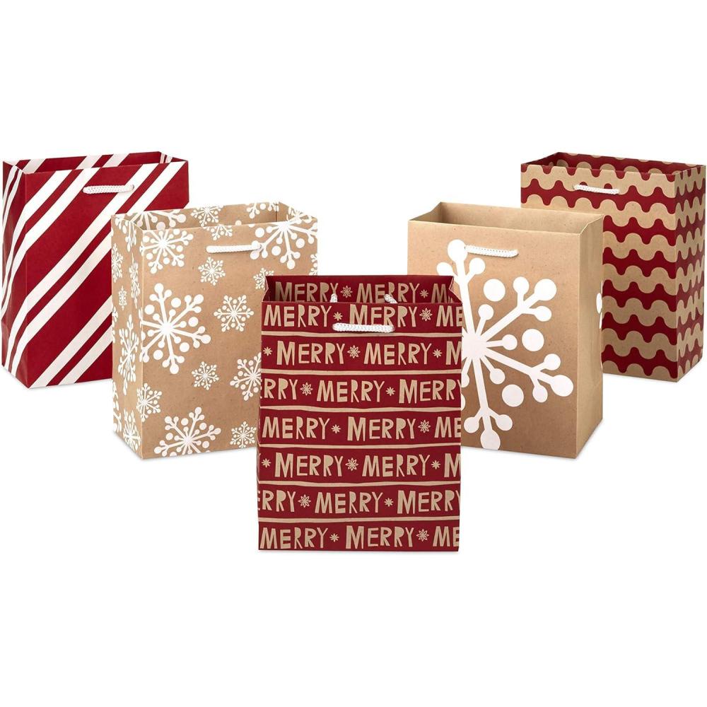 imageHallmark 6quot Small Holiday Gift Bag Set Pack of 5 Red White and Kraft Snowflakes Stripes Merry 5XGB1798Small
