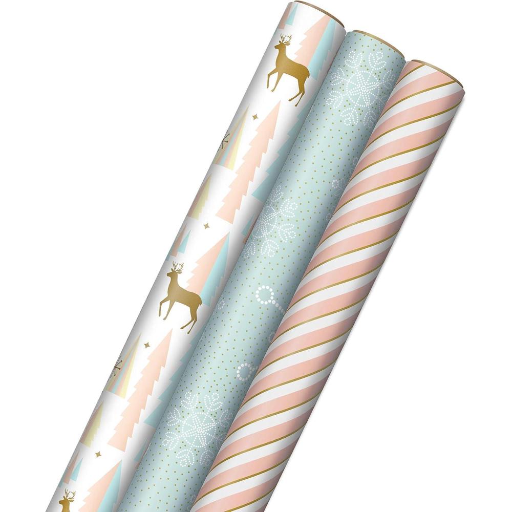 imageHallmark Christmas Wrapping Paper with Cutlines on Reverse 3 Rolls 120 Sq Ft Total Winter City Scene Rustic Snowflakes on Red Nutcrackers with FoliagePink Mint Gold Reindeer Christmas Trees Snowflakes