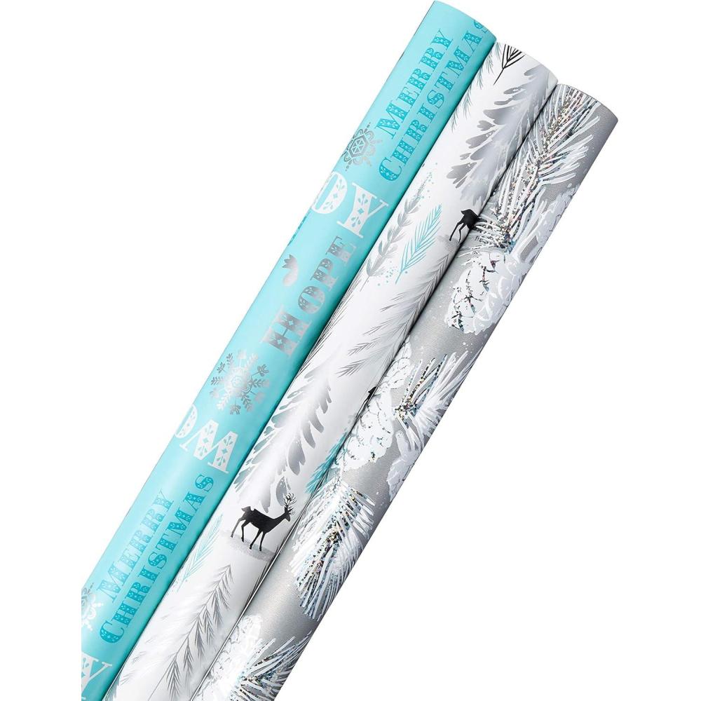imageHallmark Christmas Wrapping Paper with Cutlines on Reverse 3 Rolls 120 Sq Ft Total Winter City Scene Rustic Snowflakes on Red Nutcrackers with FoliageTeal and Silver Elegant Woodland with Deer Holographic Pinecones