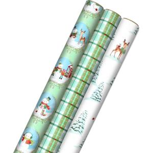 Hallmark Christmas Wrapping Paper with Cutlines on Reverse (3 Rolls: 120 Sq. Ft. Total) Winter City Scene, Rustic Snowflakes on Red, Nutcrackers with Foliage(Storybook Critters  Snowmen  Green and Blue Plaid)