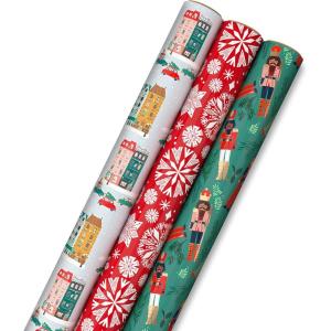 Hallmark Christmas Wrapping Paper with Cutlines on Reverse (3 Rolls: 120 Sq. Ft. Total) Winter City Scene, Rustic Snowflakes on Red, Nutcrackers with Foliage(Winter City Scene  Rustic Snowflakes on Red  Nutcrackers with Foliage)