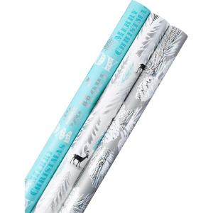 Hallmark Christmas Wrapping Paper with Cutlines on Reverse (3 Rolls: 120 Sq. Ft. Total) Winter City Scene, Rustic Snowflakes on Red, Nutcrackers with Foliage(Teal and Silver  Elegant Woodland with Deer  Holographic Pinecones)
