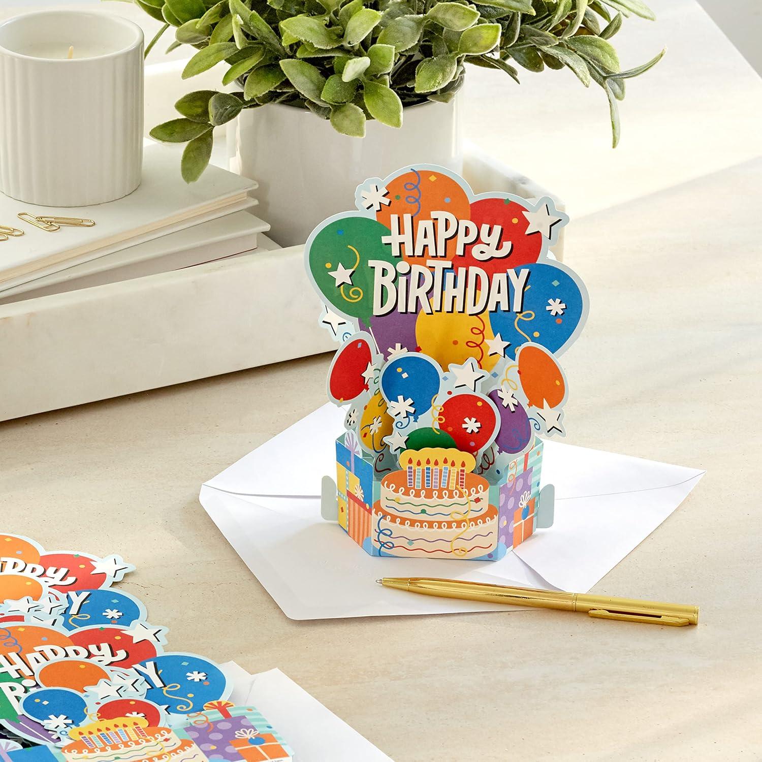 imageHallmark Paper Wonder Pack of Pop Up Birthday Cards Balloons and Cake 8 3D Cards and Envelopes