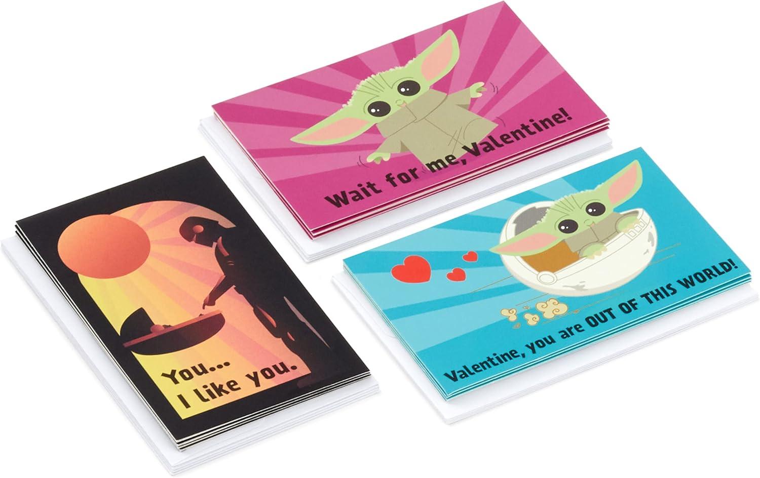 imageHallmark Mini Valentines Day Cards and Stickers for Kids School Dogs 32 Classroom Valentines with EnvelopesBaby Yoda Folded Mini Valentines