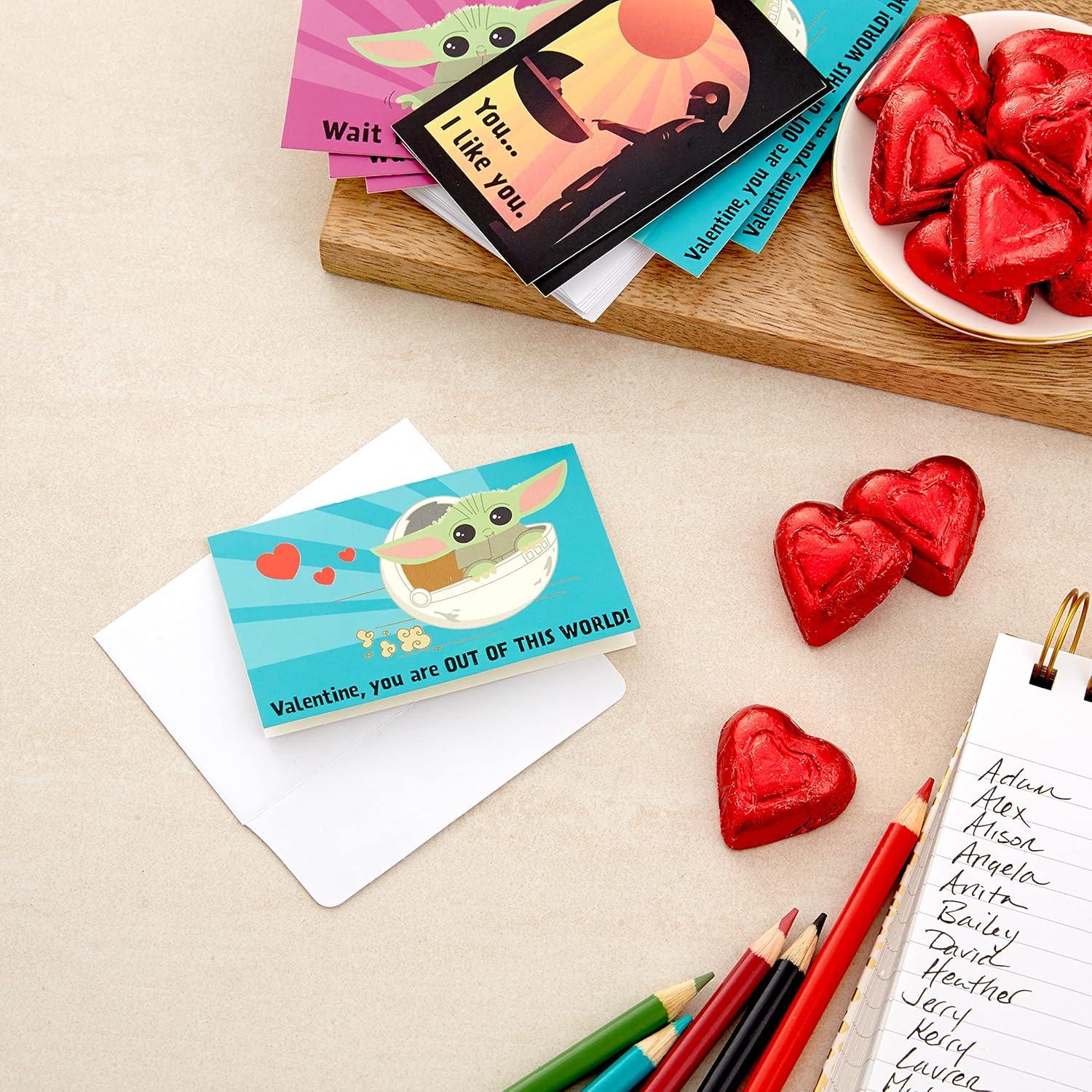 imageHallmark Mini Valentines Day Cards and Stickers for Kids School Dogs 32 Classroom Valentines with EnvelopesBaby Yoda Folded Mini Valentines