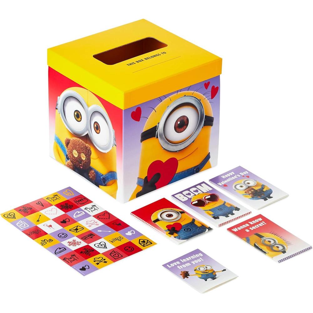 imageHallmark Minions Valentines Day Cards and Mailbox for Kids School Classroom Exchange 1 Box 32 Valentine Cards 35 Stickers 1 Teacher CardMinions