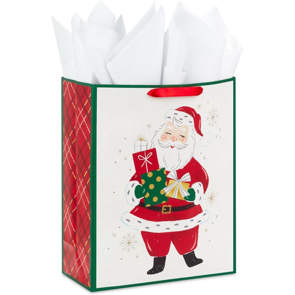 imageHallmark 15quot Extra Large Christmas Gift Bag with Tissue Paper Retro Santa Claus on White for Kids Grandchildren Friends