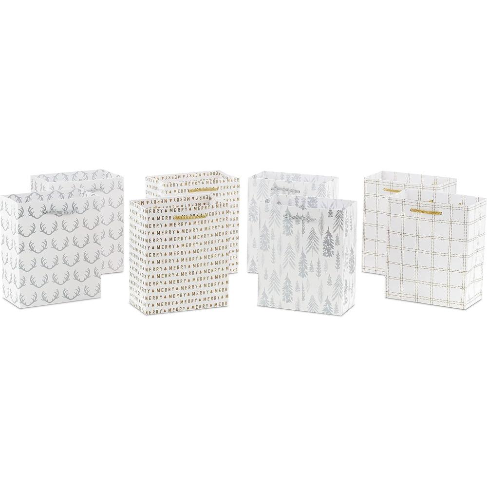 imageHallmark 6quot Small Holiday Gift Bag Bundle 6 Bags Ivory and Gold Trees Plaid Merry ChristmasWhite Gold and Silver