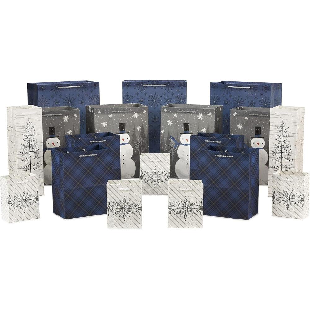 imageHallmark Assorted Holiday Gift Bags 8 Bags 3 Small 6quot 3 Medium 9quot 2 Large 13quot Winter Woodland Joy Navy Blue GoldBlue Plaid Snowman Snowflakes Tree