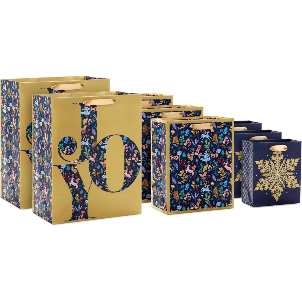 imageHallmark Assorted Holiday Gift Bags 8 Bags 3 Small 6quot 3 Medium 9quot 2 Large 13quot Winter Woodland Joy Navy Blue GoldJoy Floral Snowflake