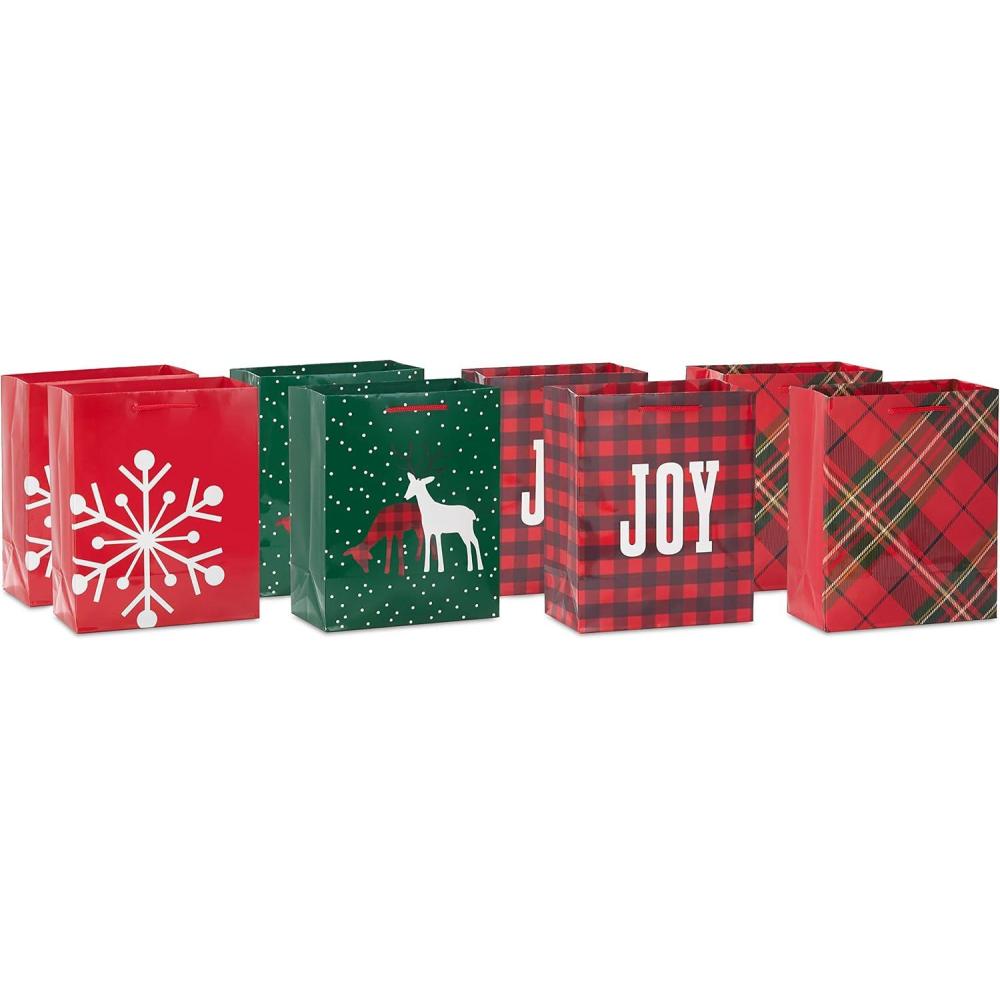 imageHallmark Image Arts 8quot Medium Christmas Gift Bags 8 Red and Green Bags Plaid Snowflake Joy Deer for Teachers Coworkers Family