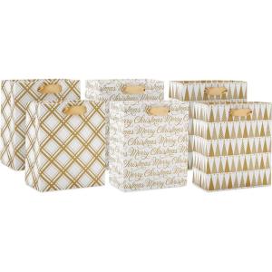 Hallmark 6″ Small Holiday Gift Bag Bundle (6 Bags: Ivory and Gold Trees, Plaid, Merry Christmas)(Ivory and Gold)