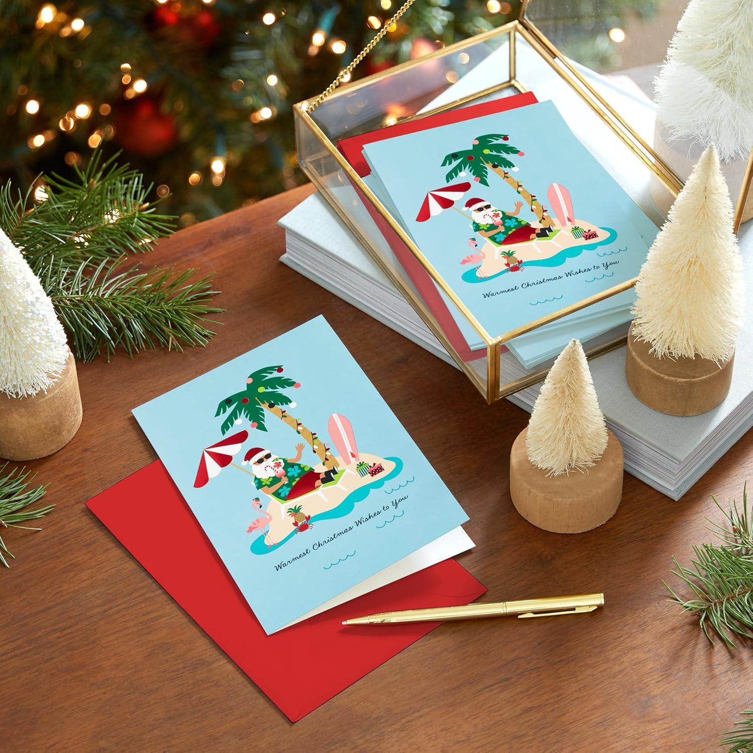 imageHallmark Boxed Christmas Cards Tropical Santa 16 Cards and 16 Envelopes Warmest Christmas Wishes