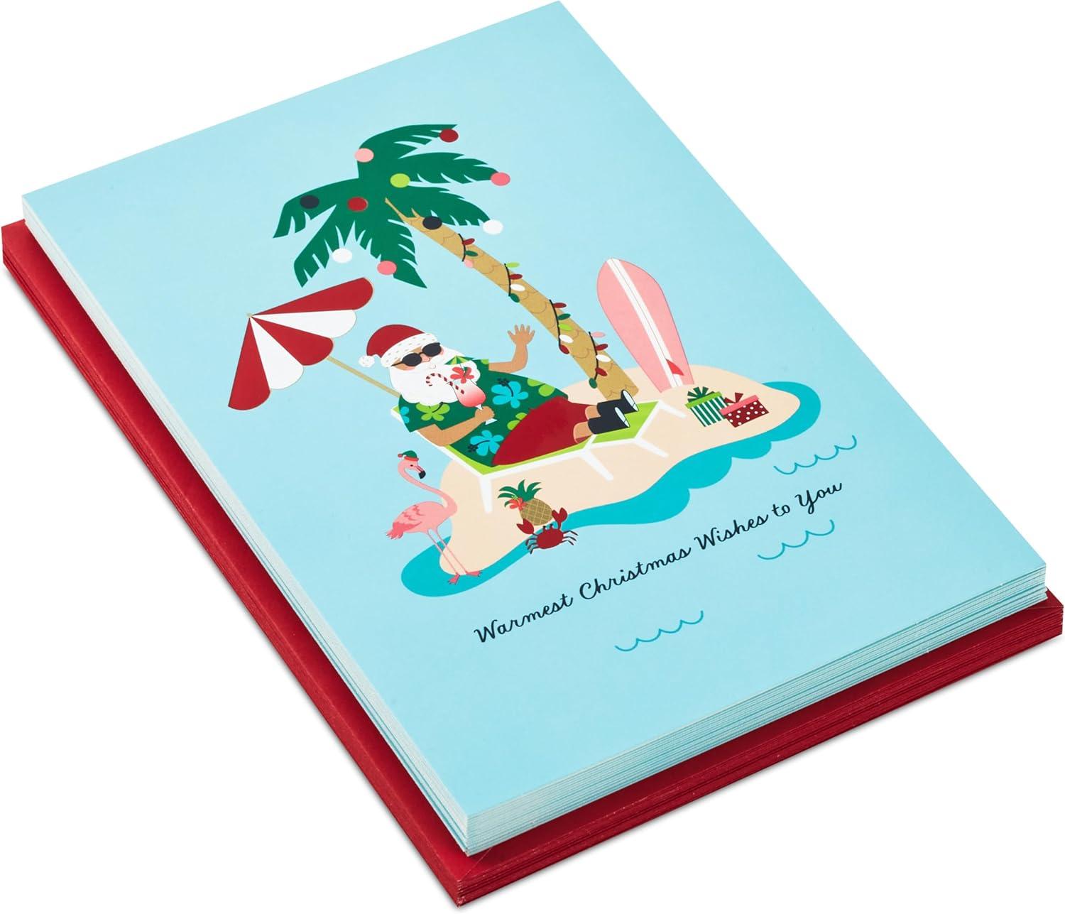 imageHallmark Boxed Christmas Cards Tropical Santa 16 Cards and 16 Envelopes Warmest Christmas Wishes