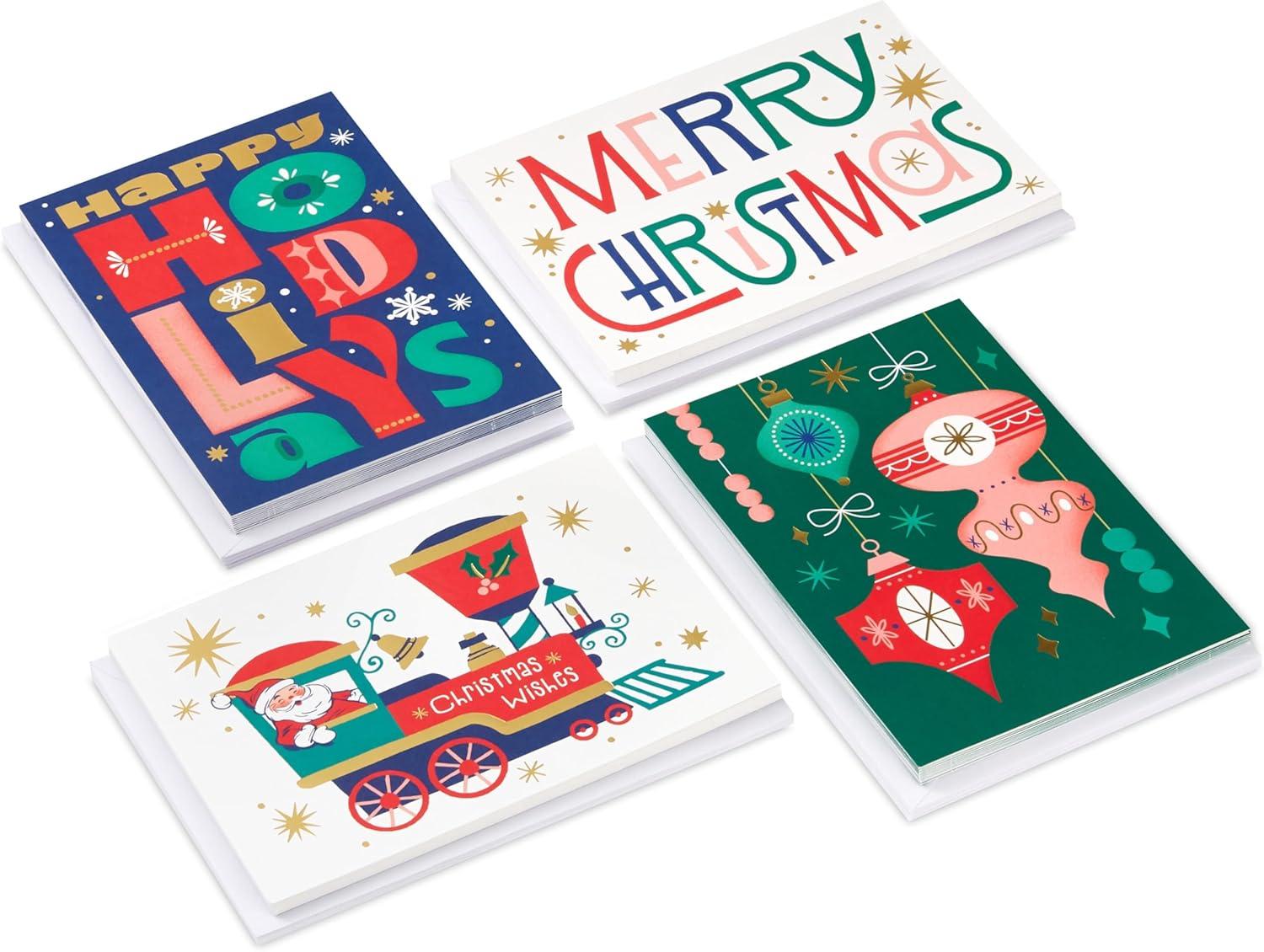 imageHallmark Bulk Retro Christmas Card Assortment 40 Cards and 40 Envelopes Pink and Green Ornaments Mod Lettering Vintage Santa ClausRetro Christmas